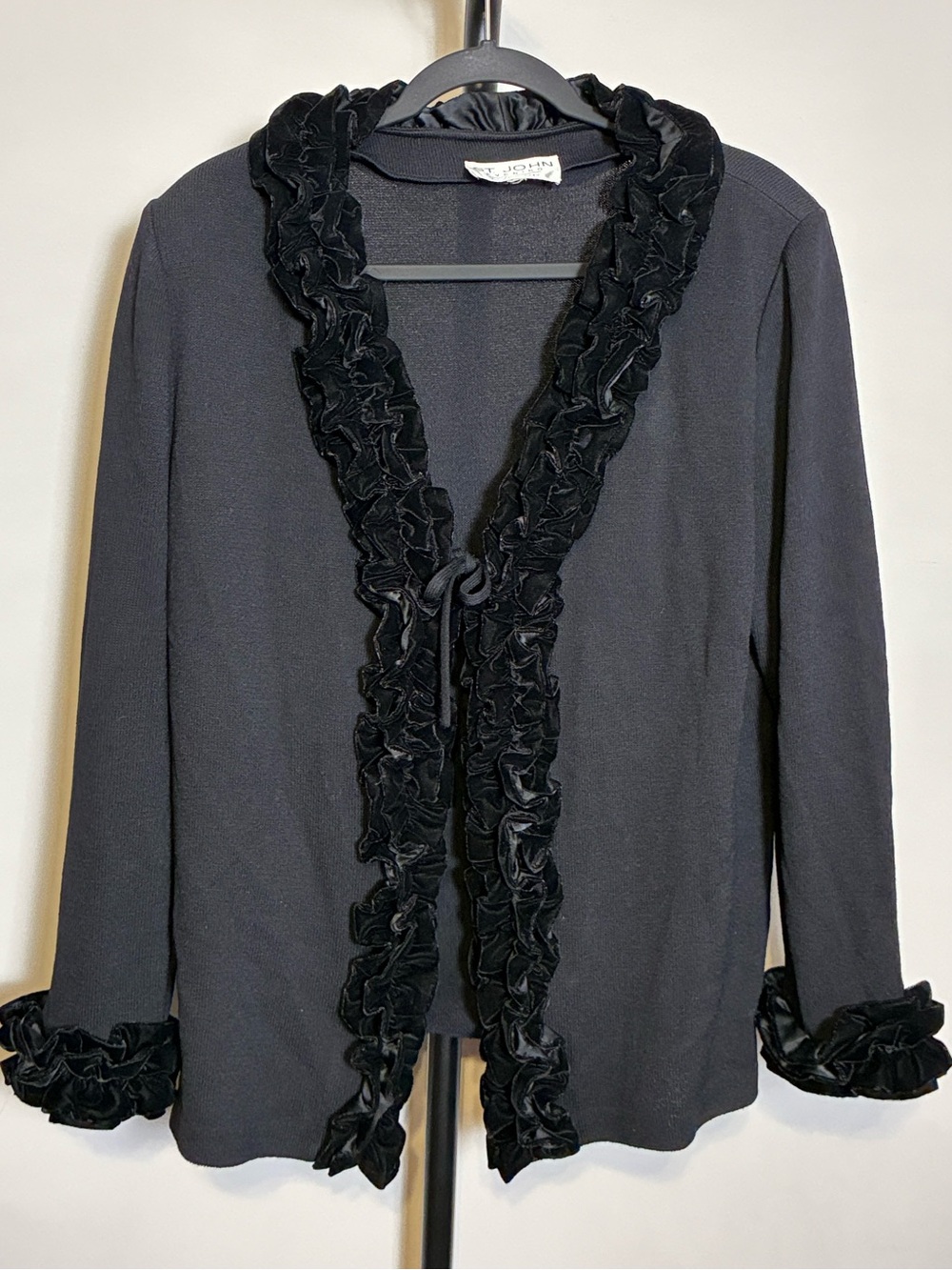 St. John Evening Marie Gray: Cardigan Silk Velvet Ruffle Tie Front Solid Black